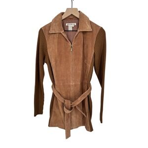 A.M.I. Jacket Women Medium Brown Suede Leather Knit Mixed Media Belted Zip Front